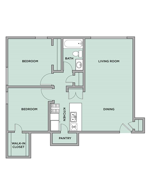 Floor plan for 2 beds, 1 bath, 830 sqft